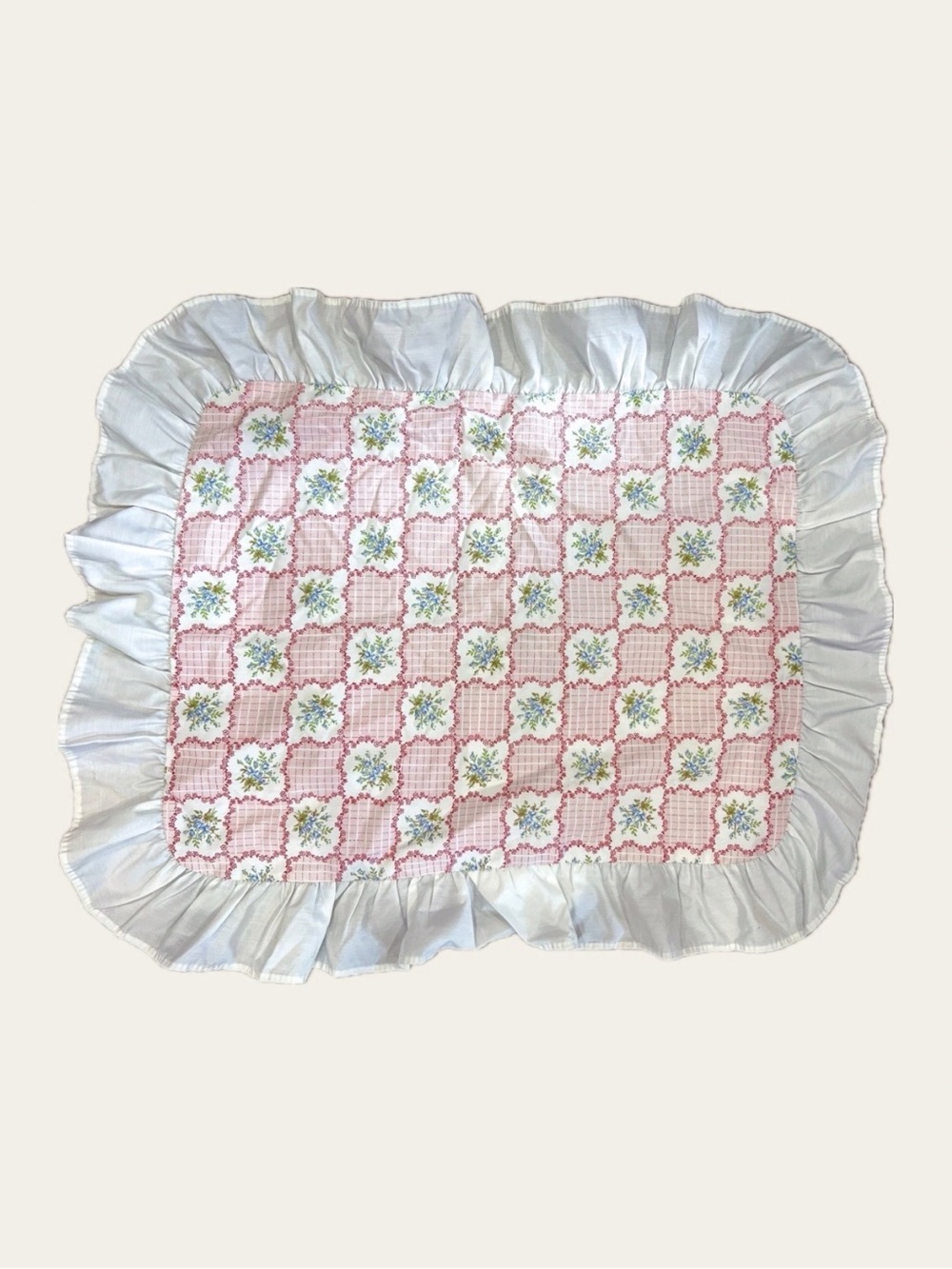 Vintage Floral Patchwork Ruffle Pillow Sham 25x19 USA Cottagecore Pink Blue